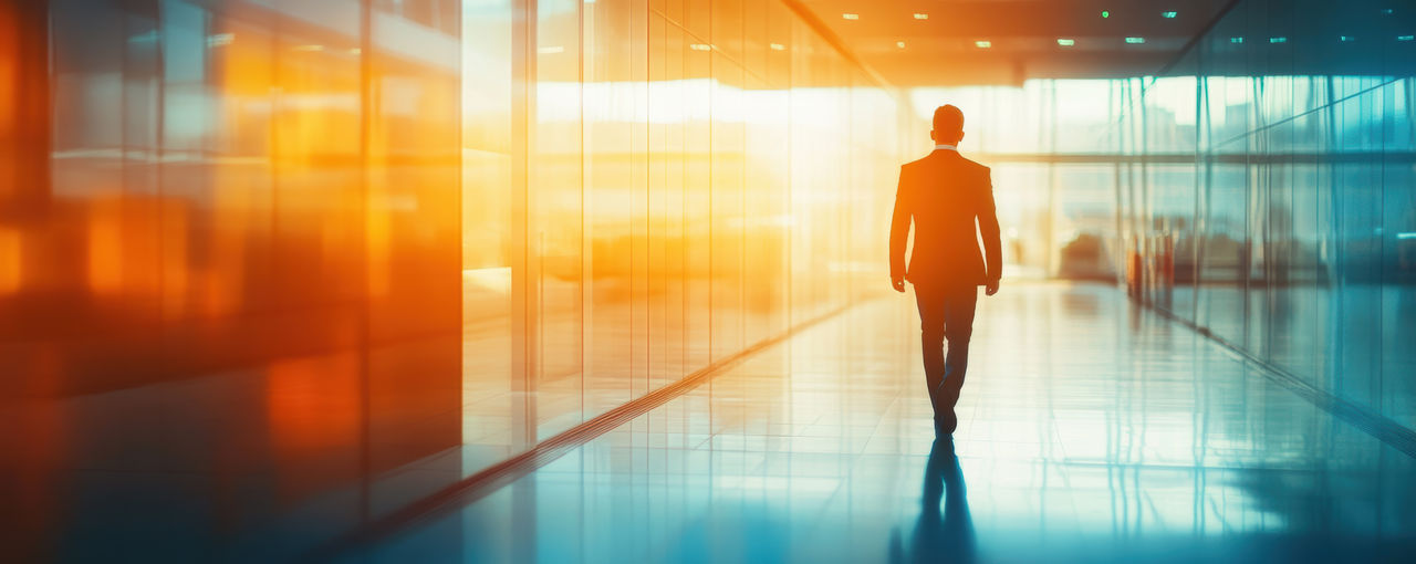 Group of Business people walking in the office corridor in night,People in business center walking at hall,motion go around at coworking space,Wide image,Concept of office life,co working space.