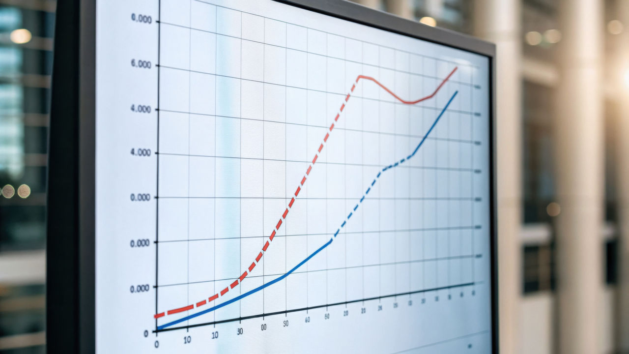 A digital chart displays two trend lines, one dashed and one solid, indicating varying data changes over time in a modern, professional setting.